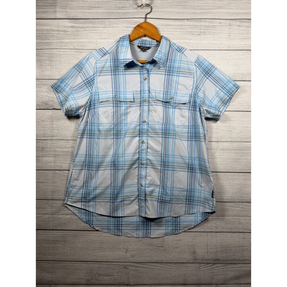Eddie Bauer Women's Large Blue Plaid Short Sleeve Button Up Shirt 4426